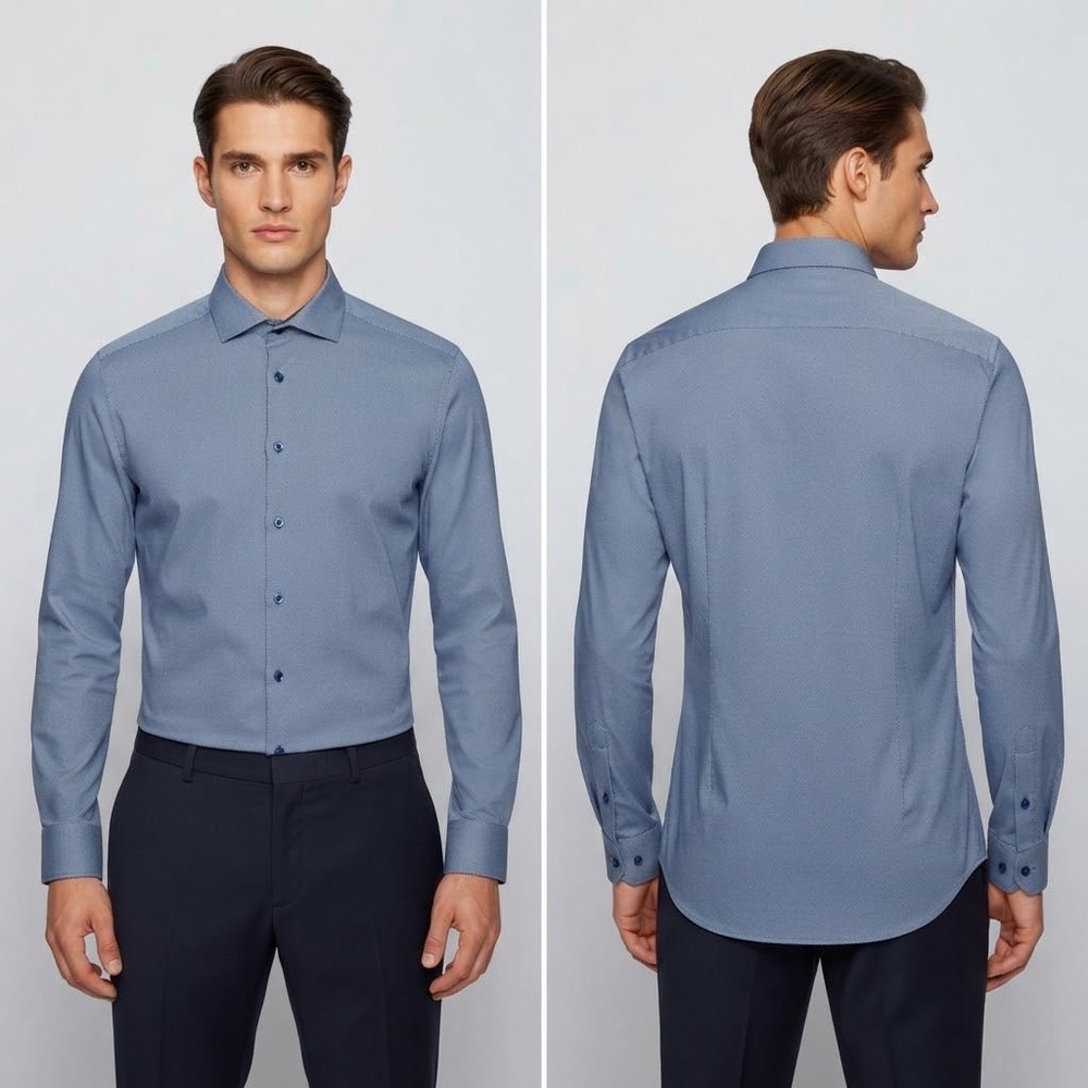 BOSS Hugo Boss Performance Slim Fit Blue Micro Pattern Dress Shirt 16.5 L 42